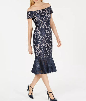 CALVIN KLEIN Off-The-Shoulder Lace Midi Dress Blue Size 10