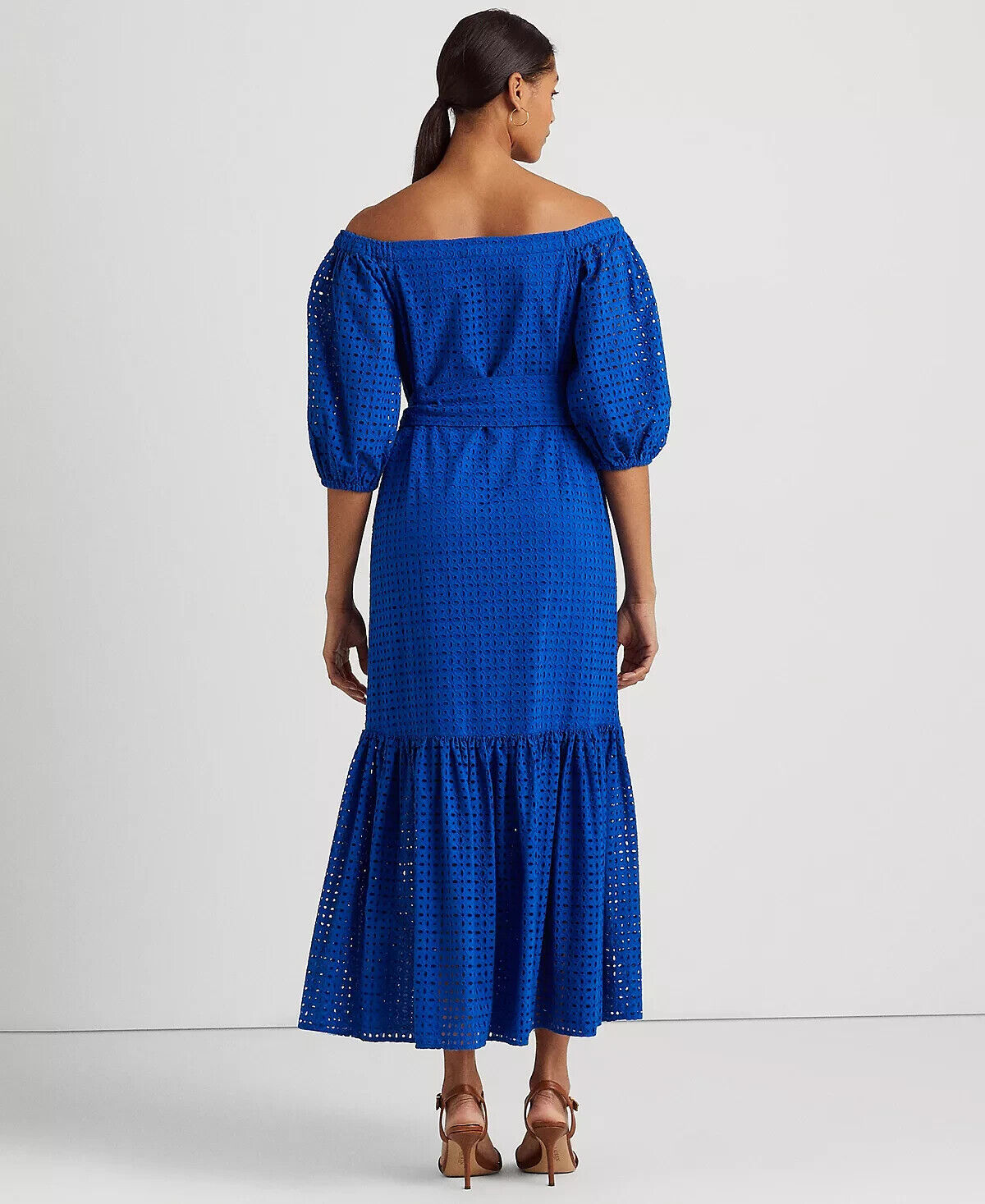 Lauren Ralph Lauren Women Eyelet Cotton Off the Shoulder Dress Blue Size 14 $265