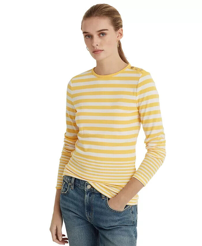 Lauren Ralph Lauren Striped Cotton Shirt White riviera Sun Yellow Size XL $60