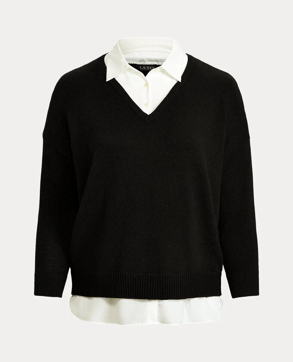 LAUREN Ralph Lauren Layered Cotton Sweater Plus Size 1X Black MSRP $110