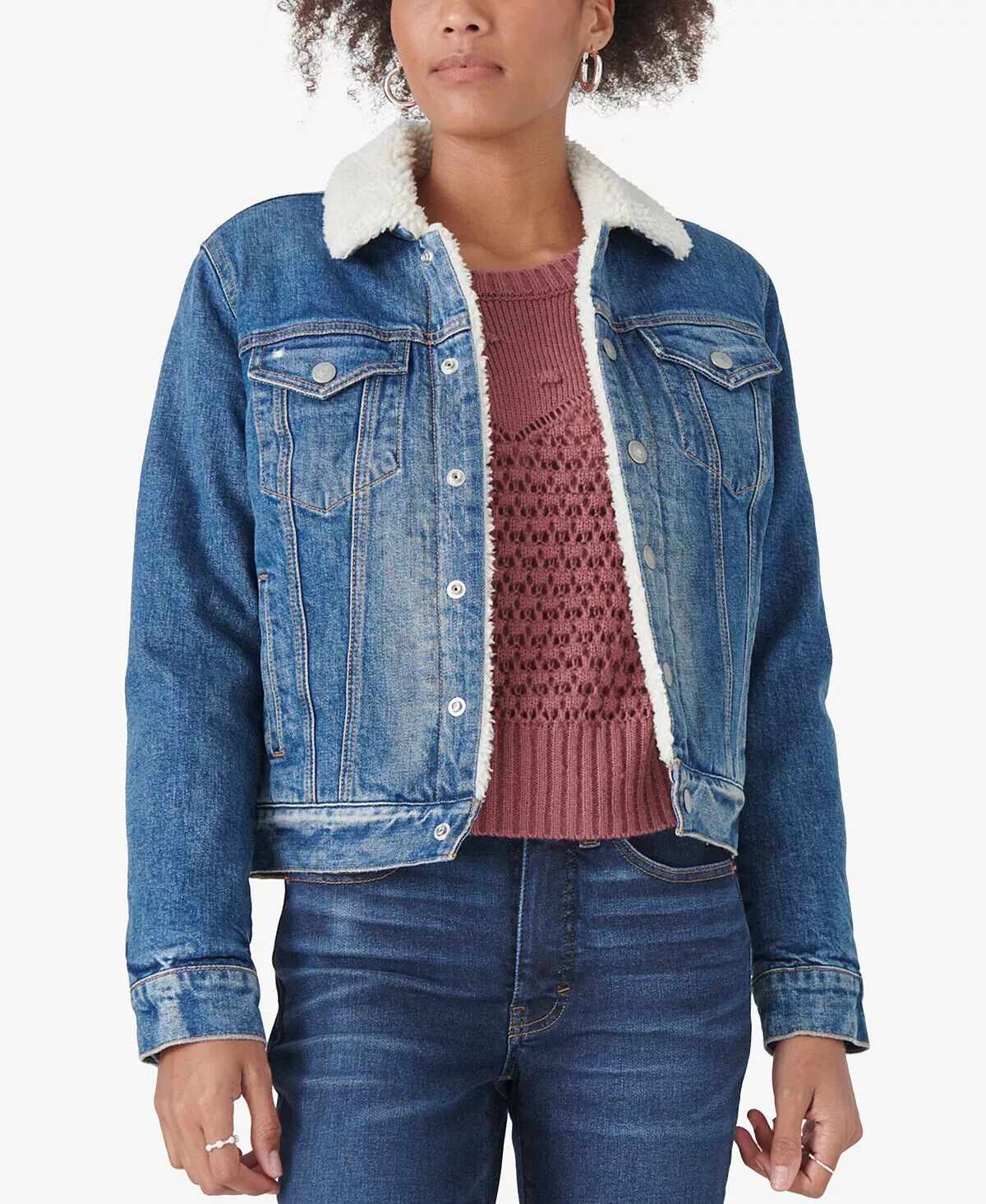 LUCKY BRAND Sherpa-Lined Denim Trucker Jacket Blue Size S MSRP $149