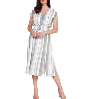 Dex Women Smocked-Waist Striped Midi Dress Black Blue Pink Stripes White Size M