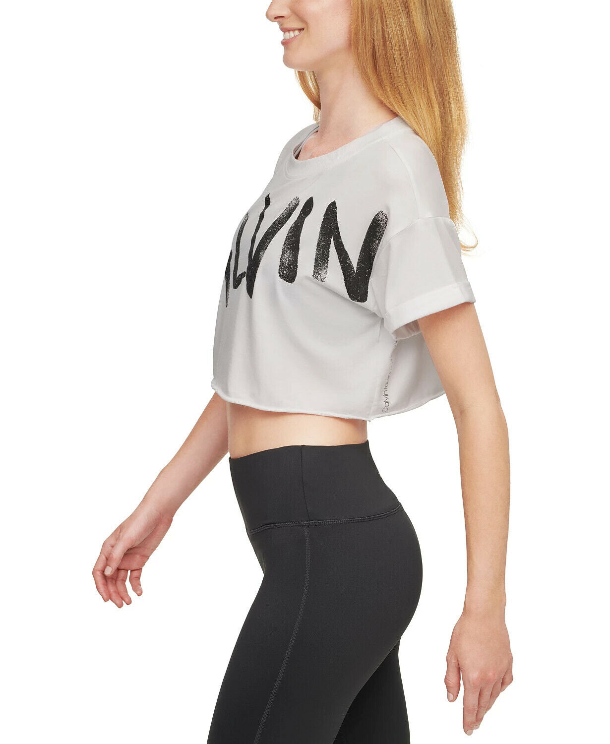 Calvin Klein Brushed-Logo Relaxed Cropped T-Shirt Womens White Size M MSRP $40