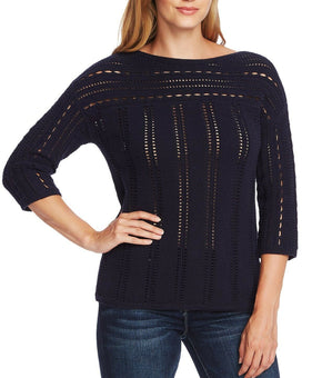 Vince Camuto Women's Navy Blue Cotton Open-Stitch Boat-Neck Sweater Size S