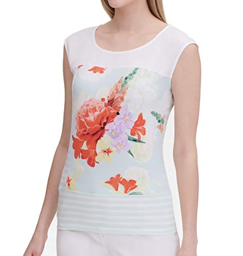 Calvin Klein Women's Extended Shoulder Top with Mixed Print, Sea Spray Multi, X-Large
