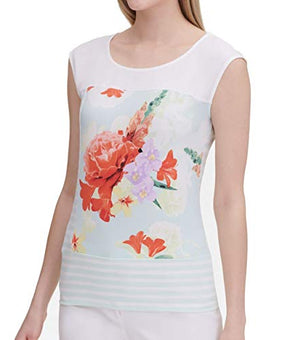 Calvin Klein Women's Extended Shoulder Top with Mixed Print, Sea Spray Multi, X-Large