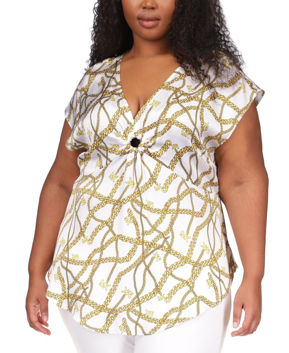 Michael Michael Kors Plus Size 2X Logo Chain-Print Top Yellow White MSRP $98