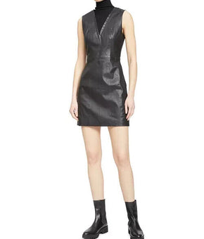 Theory Womens Mix Media Leather Rib Knit Dress Black Size 4 MSRP $795