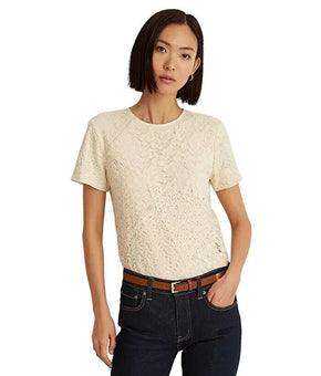 LAUREN Ralph Lauren 2-PC Patchwork Lace Short Sleeve Blouse Ivory Size 16 $175