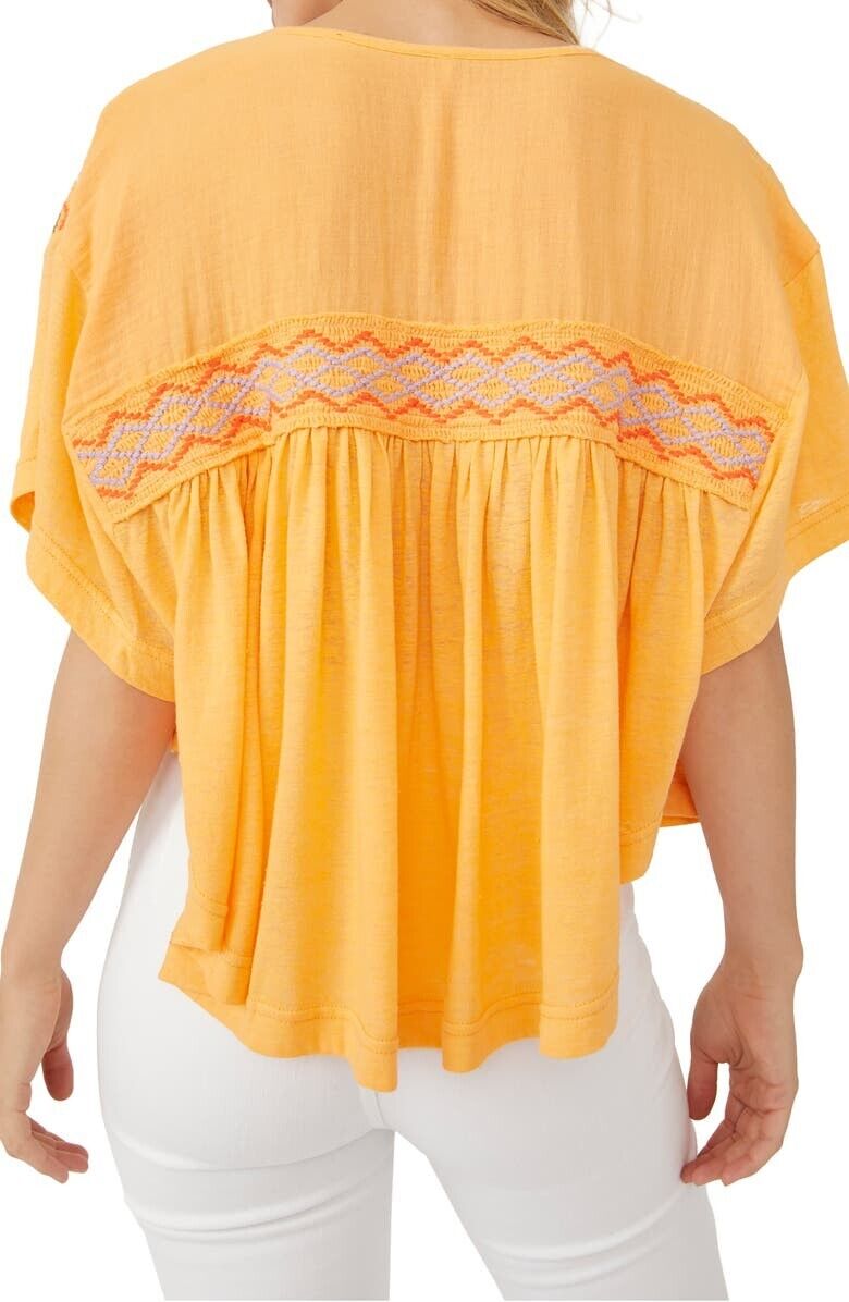 Free People Market Embroidered V-Neck Top Orange Size M MSRP $108