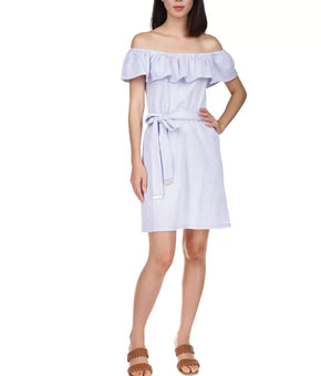 MICHAEL KORS Ruffled Off-The-Shoulder Mini Dress Blue Size PL Petite MSRP $140