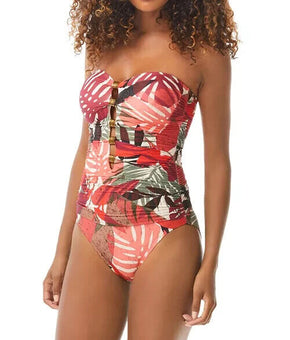 Carmen Marc Valvo Womens Printed Ruched Bandeau One-Piece Swimsuit Red Size 8