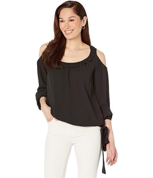 Michael Kors Floral Cold-Shoulder Tie Top Blouse Black Size M MSRP $94