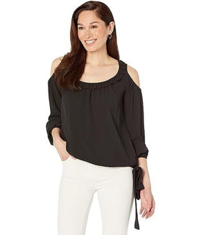 Michael Kors Floral Cold-Shoulder Tie Top Blouse Black Size M MSRP $94