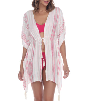 Raviya WHITE/PINK Striped Tassel Trim Cover-up Dress, US Size M