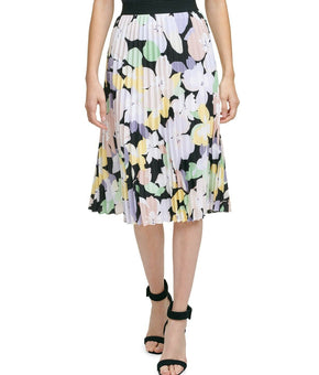 Calvin Klein Women Floral Printed Pleated Skirt Black Pastel Multicolor Size M