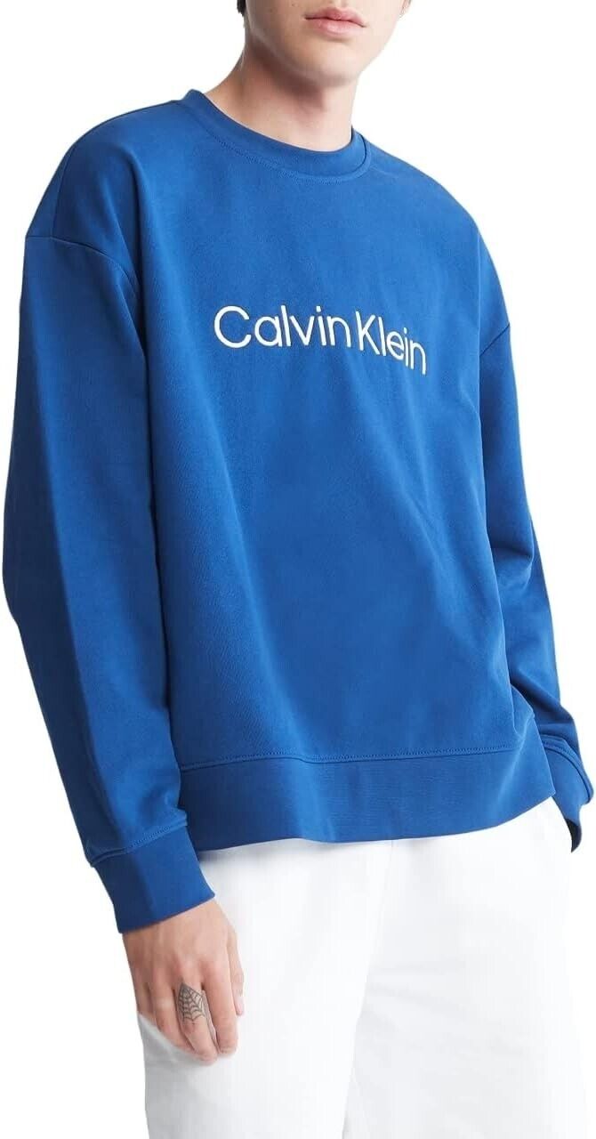 Calvin Klein Men's Relaxed Fit Logo French Terry Crewneck Sweatshirt Blue Size M