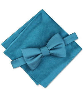 Alfani Men's Solid Textured Pre-Tied Bow Tie & Textured Pocket Square Teal Green