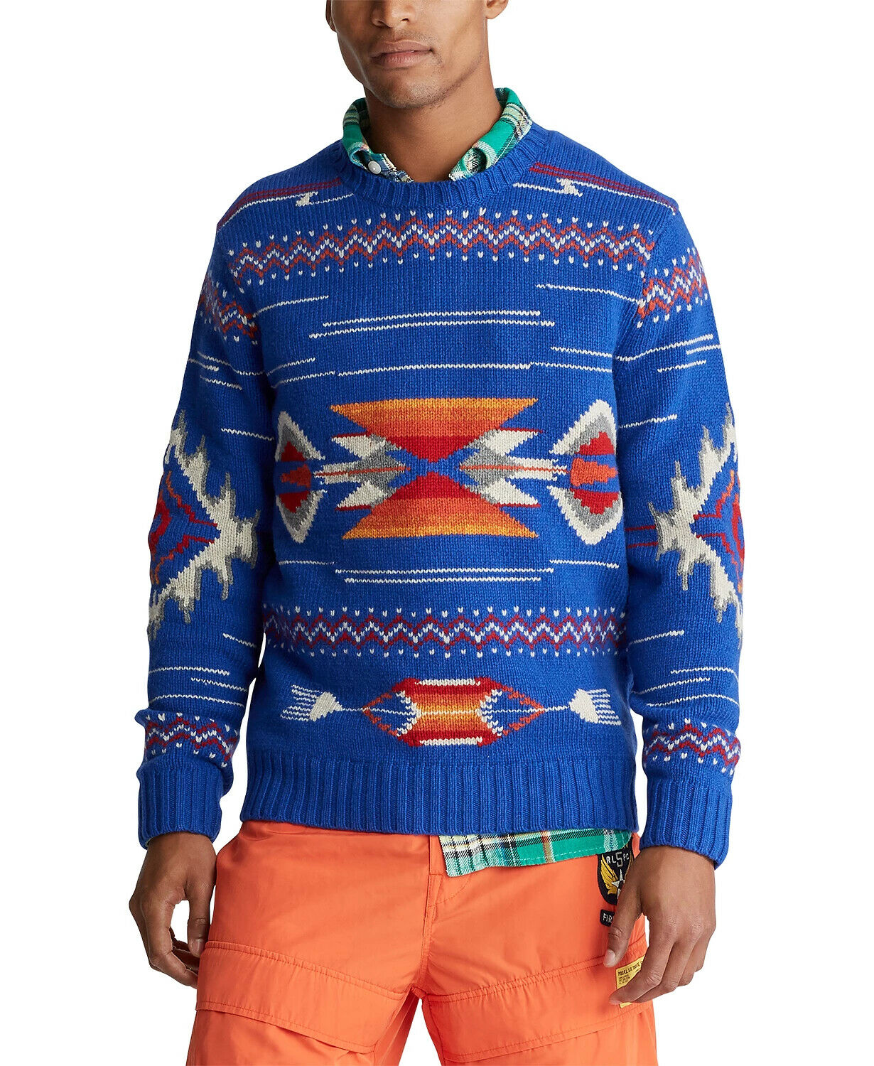 Polo Ralph Lauren Men's Southwestern Wool Sweater Royal Blue Orange Size S