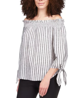 Michael Kors Striped Off-the-Shoulder Top Ivory Gray Size M MSRP $98