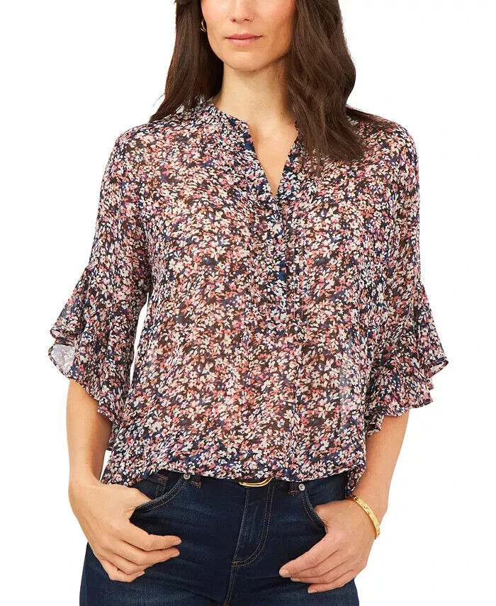 VINCE CAMUTO Fresh Blooms Printed Flutter-Sleeve Top Blue Pink Size L MSRP $79