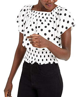 INC Womens Men's Knit Top Black Small Smocked Polka Dot White S