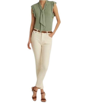 Ralph Lauren Ruffle-Sleeve Tie Neck Top Olive Green Size L MSRP $70