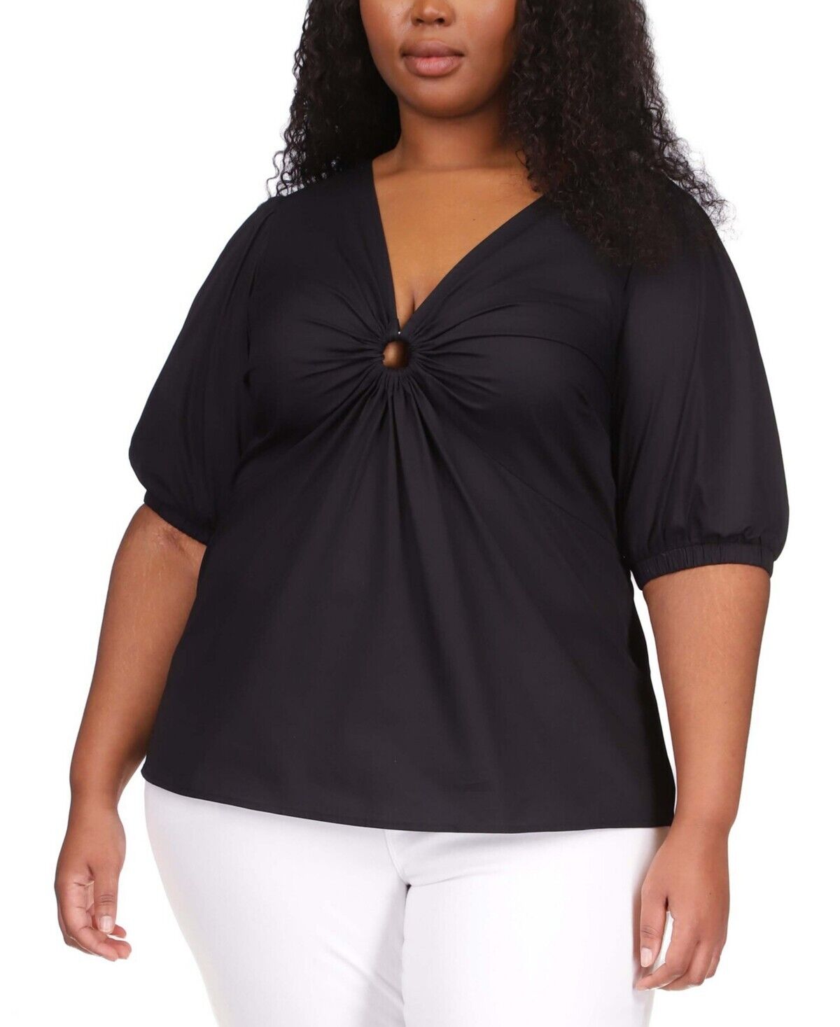 Michael Michael Kors Plus Size 2X Cotton Poplin 3/4-Sleeve Top Black, MSRP $115