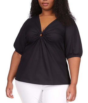 Michael Michael Kors Plus Size 2X Cotton Poplin 3/4-Sleeve Top Black, MSRP $115
