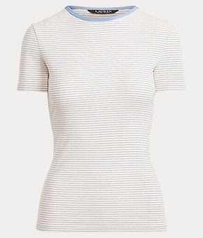 Lauren Ralph Lauren Short Sleeve Striped T-Shirt Cream Blue Petite Size PS $45