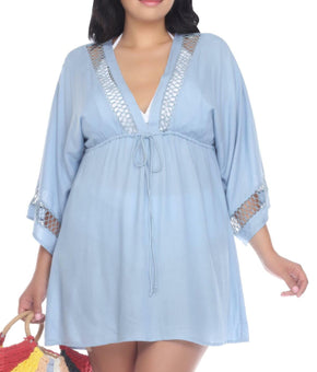 Raviya Crochet-Trim Cover-Up Dress Womens Swimsuit Plus Size 0X Blue MSRP $58