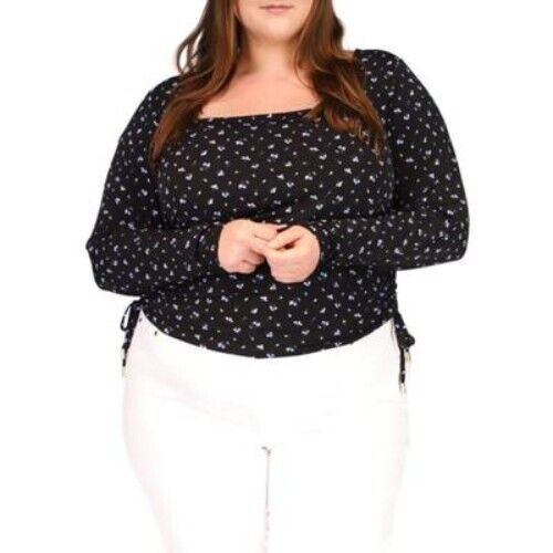 MICHAEL KORS Ruched Floral-Print Top Black Plus Size 2X MSRP $88