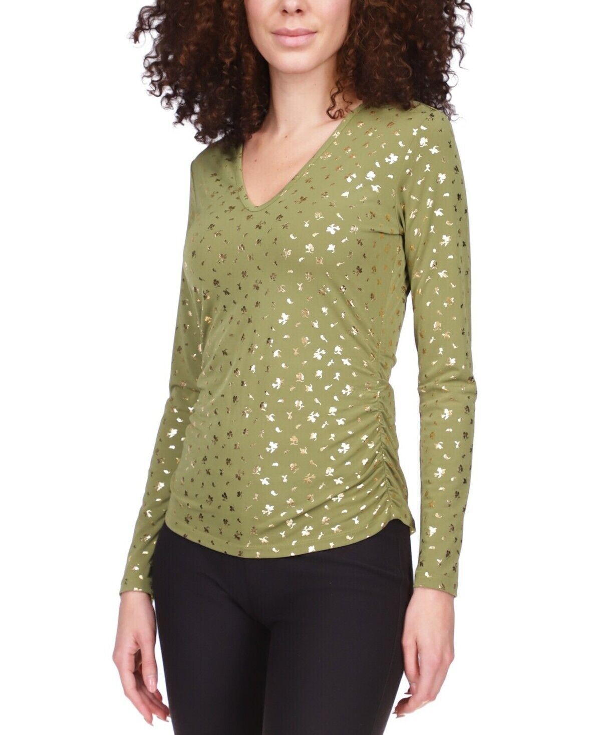 MICHAEL KORS Metallic-Print Ruched Top Green Size XS MSRP $84