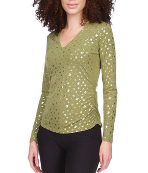 MICHAEL KORS Metallic-Print Ruched Top Green Size XS MSRP $84