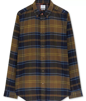 PAUL SMITH Men's Tailored-Fit Plaid Shirt Brown Navy Size L