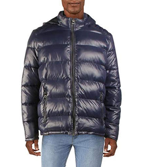 GUESS mens Mid-weight Puffer Jacket Removable Hood Down Coat, Dark Blue, M
