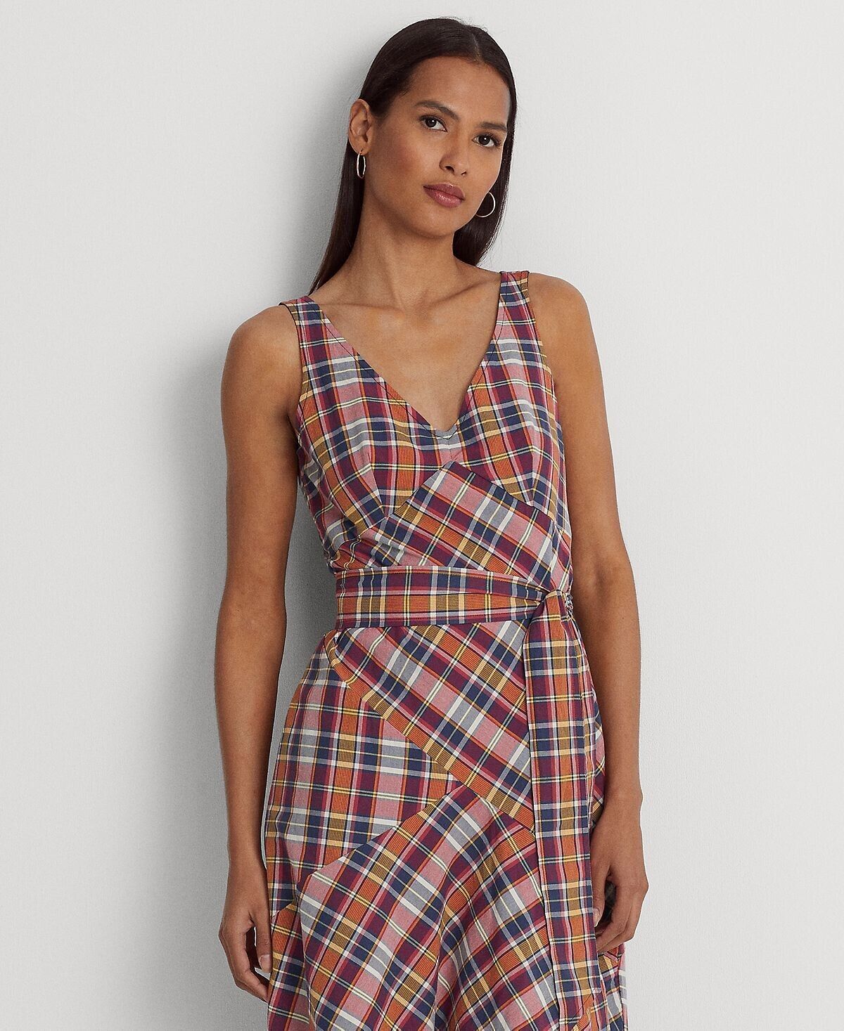 LAUREN Ralph Lauren Belted Cotton Madras Dress Purple Navy Size 4 MSRP $195