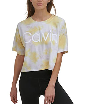 Calvin Klein Performance Cropped Tie-Dyed T-Shirt Yellow Medium Size M