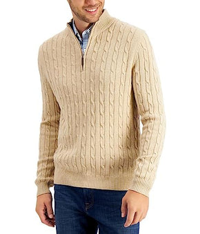 Club Room Men's Cable Knit Quarter-Zip Cotton Sweater Shell Bean Size 4 Beige