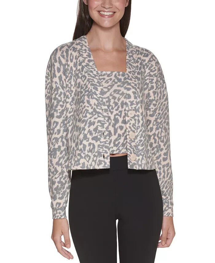 Calvin Klein Jeans Printed Cropped Sweater Cardigan Beige Gray Size M MSRP $60