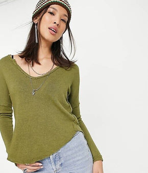 Free People Come & Get It Cotton Blend V-Neck Top in Adventurer Size L Green