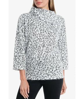 Vince Camuto Women Leopard Fold Over Neck Sweater White Black Combo Size XL