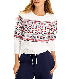 Charter Club Womens White Ribbed Printed Crew Neck Holiday Sweater Size XL
