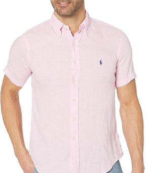 Ralph Lauren Polo Mens Classic Linen Short Sleeve Button-Down Shirt Pink Size XL