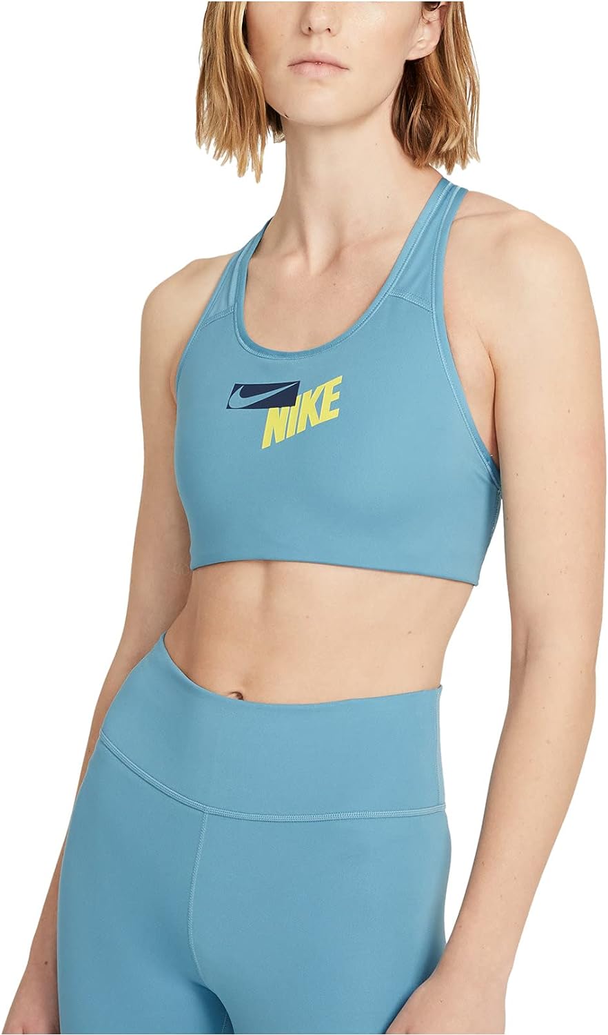 Nike Women's Logo Racerback Medium Impact Sports Bra Cerulean/Midnight, X-Small