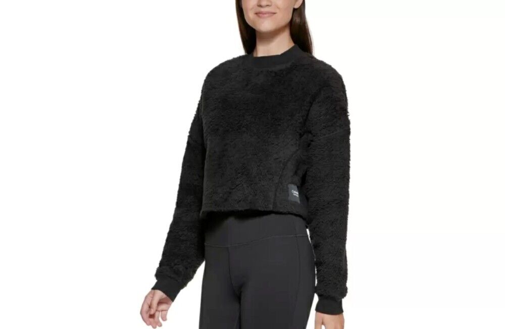 CALVIN KLEIN Women's Faux-Sherpa Cropped Pullover Top Black Size XXL MSRP $60
