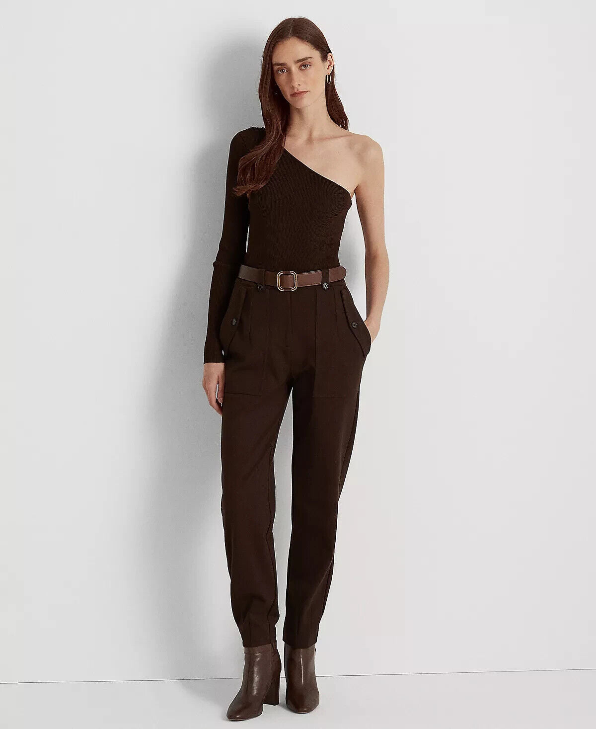 LAUREN RALPH LAUREN One-Shoulder Long-Sleeve Sweater Brown Size XXL MSRP $100