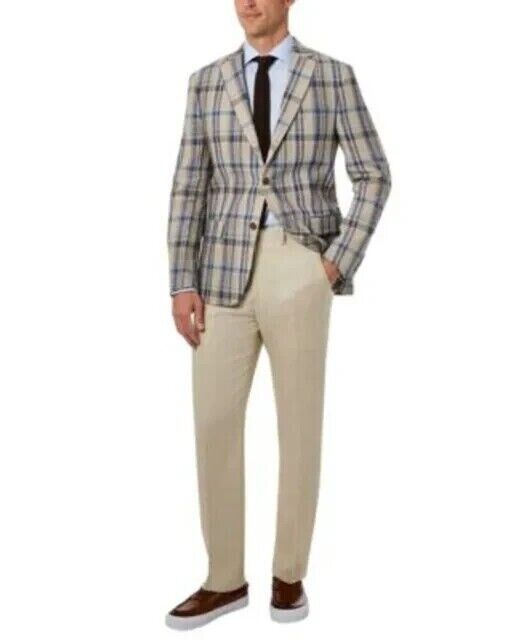 LAUREN RALPH LAUREN Ultraflex Stretch Linen Blazer Beige Blue Size 43R MSRP $295