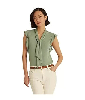 Ralph Lauren Ruffle-Sleeve Tie Neck Top Green Size L MSRP $70