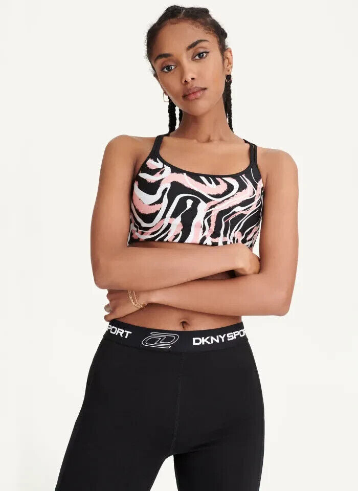 DKNY SPORT Women's Marble-Print Sports Bra Black Pink Size XL MSRP $45